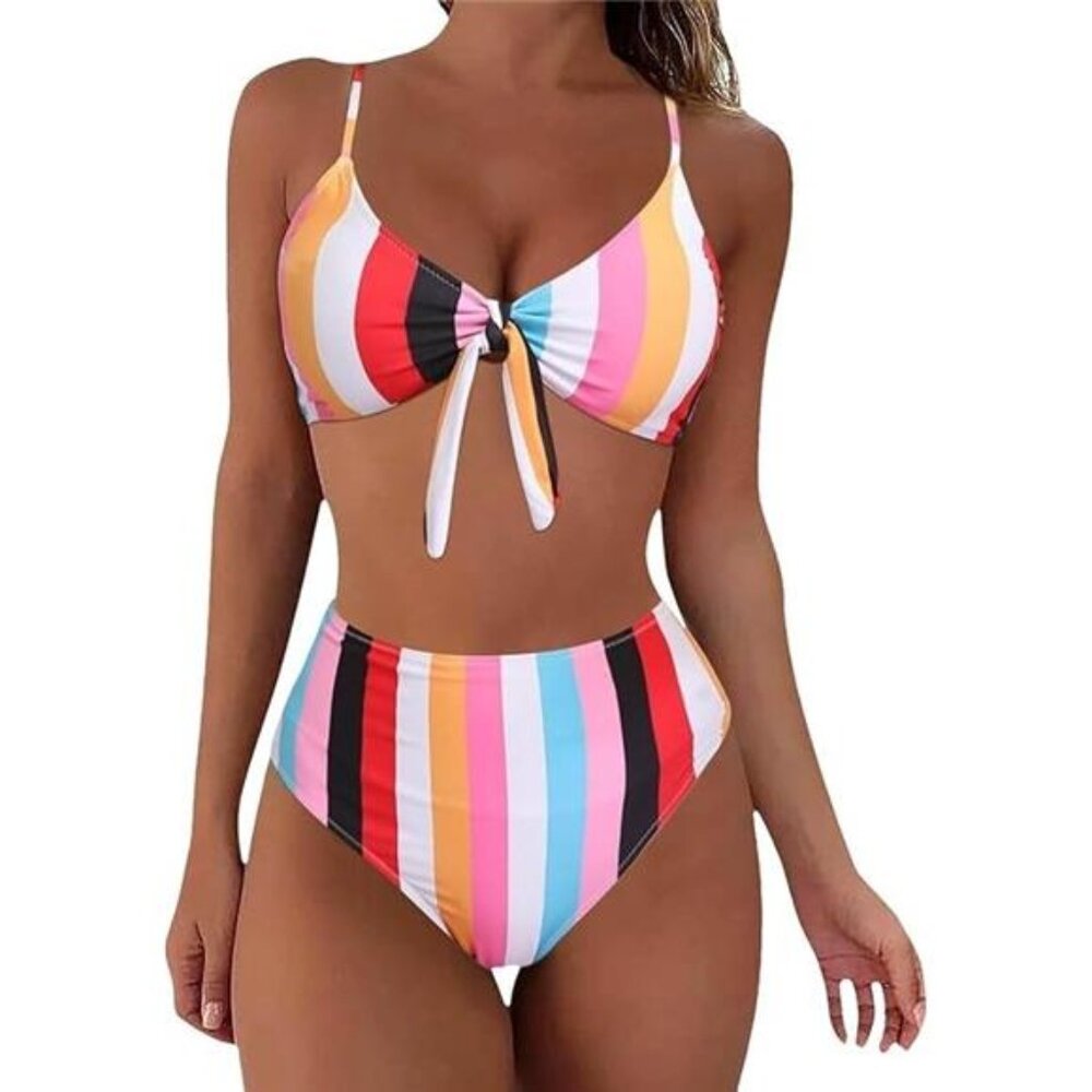 NEW Colorful Striped Bikini Set Tie Front Women's L